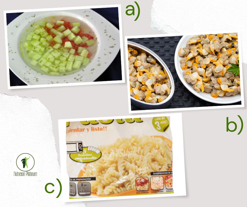 Gazpacho Almeriense con berberechos y pasta precocinada con ajo y guindilla.